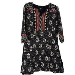J Peterman Boho Tunic Top Black Gold Sequins Paisley Print 3/4 Sleeves Size S